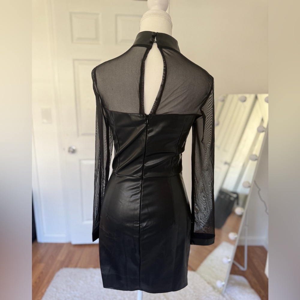 Black Faux Leather Mesh Long Sleeve Mini Dress Sheer Y2K Sexy Bodycon - Picture 4 of 5